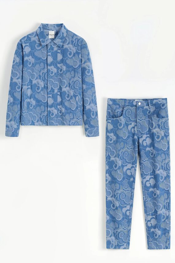 Set van denim jasje en broek met bloemenmotief