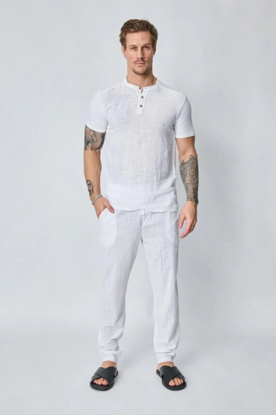 Ensemble polo pantalon uni effet lin - Frilivin