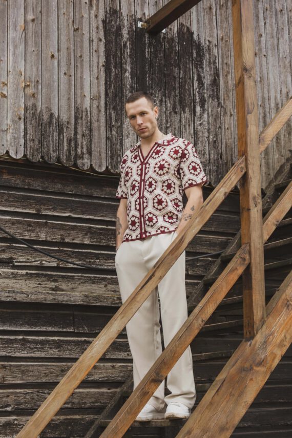 Gehaakt shirt met korte mouwen en beige geometrisch patroon