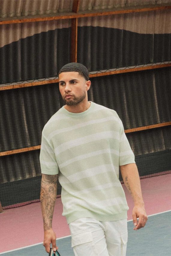 Short-sleeved striped knit T-shirt